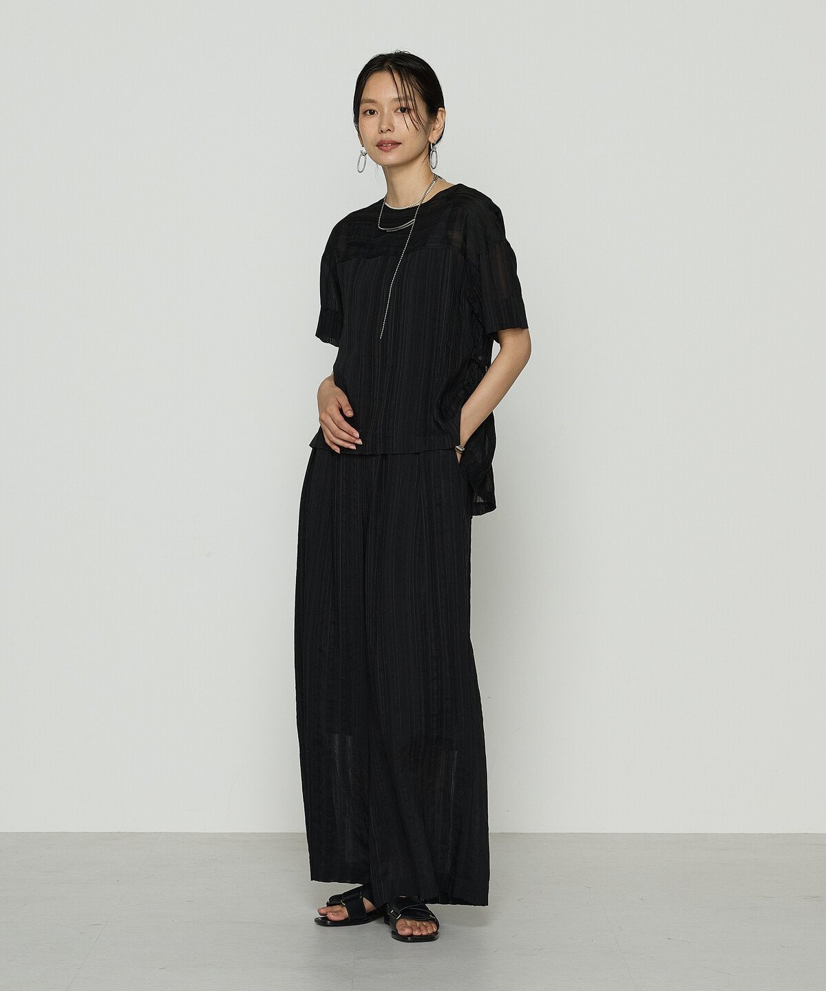 Gabardine K.T + [ +サイズ ] ジャカードボーダー ゆったりプルオーバー コムサ トップス カットソー・Tシャツ ブラック【送料無料】
