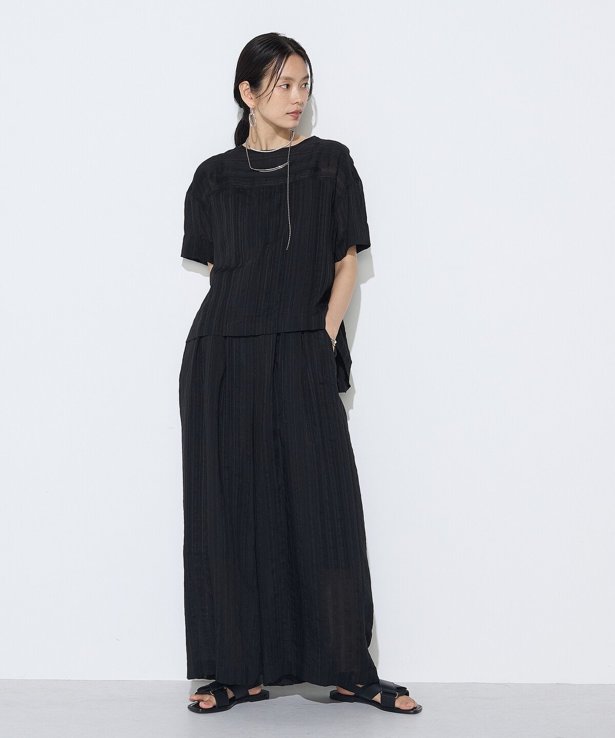 Gabardine K.T + [ +サイズ ] ジャカードボーダー ゆったりプルオーバー コムサ トップス カットソー・Tシャツ ブラック【送料無料】