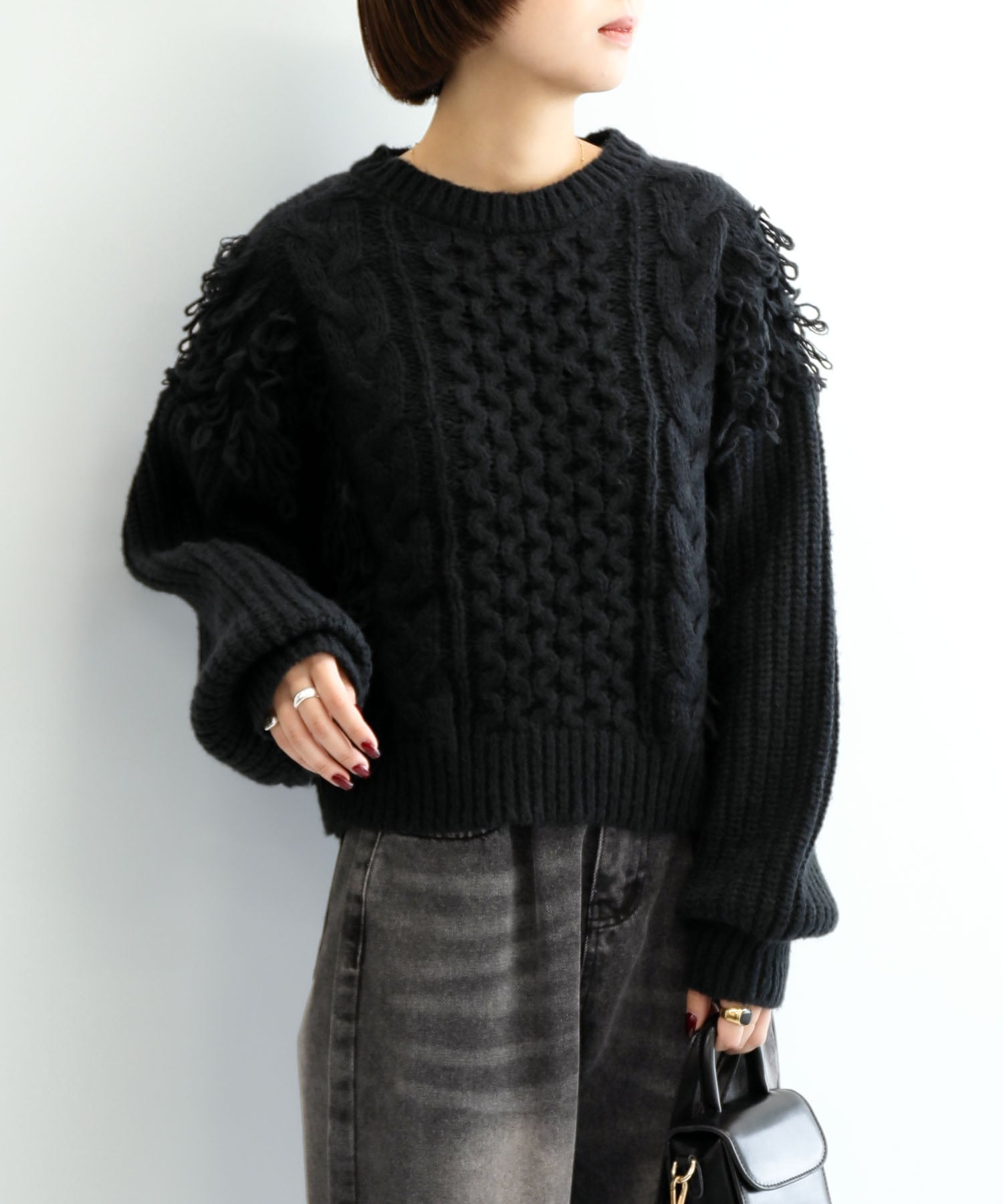 【SALE／20%OFF】aimoha aimoha/3.5Gモヘアタッチループフリンジ使いニット アイモハ トップス ニット ブラック グレー ホワイト ブラウン【送料無料】