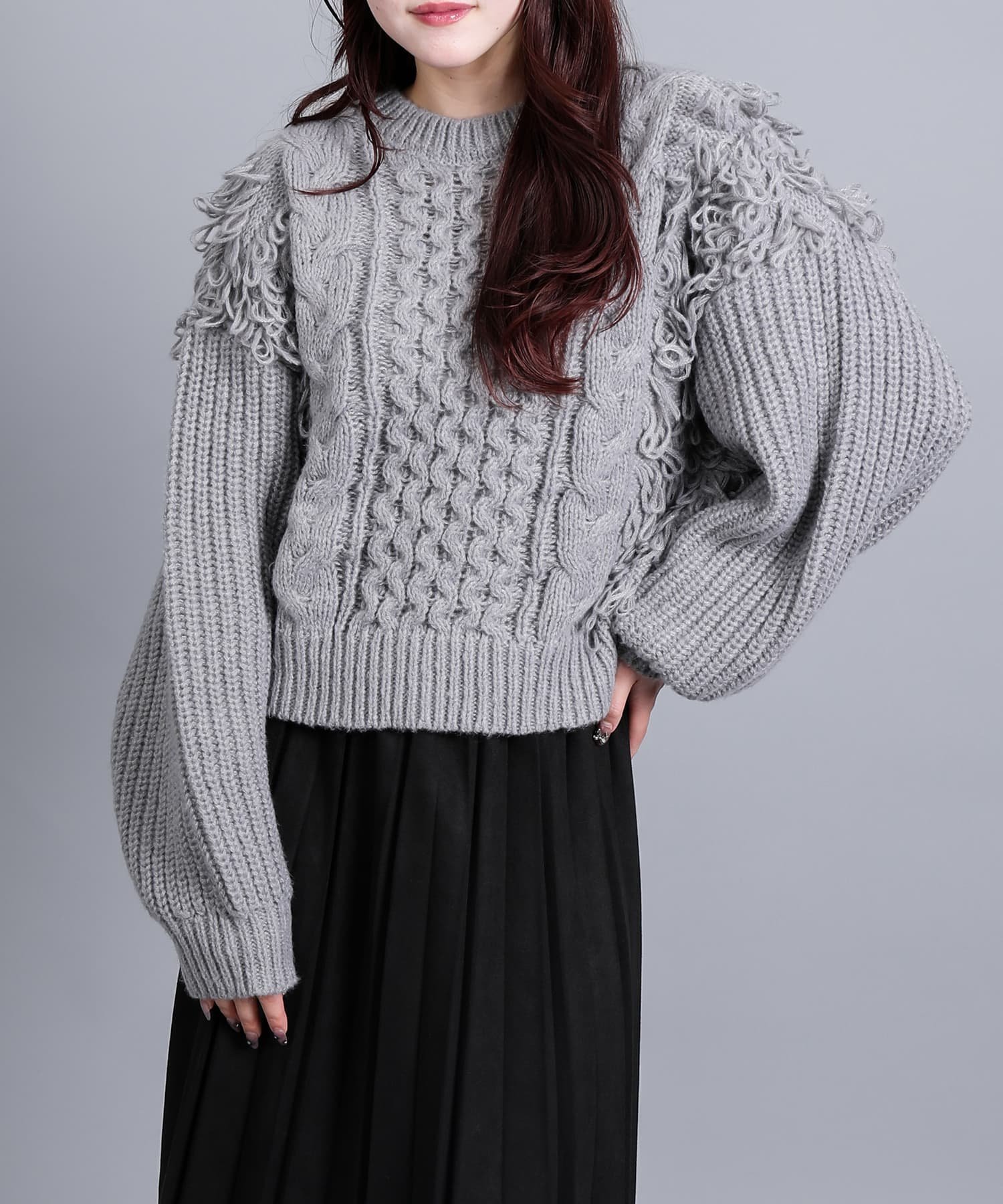 aimoha/3.5Gモヘアタッチループフリンジ使いニット アイモハ トップス ニット ブラック グレー ホワイト ブラウン