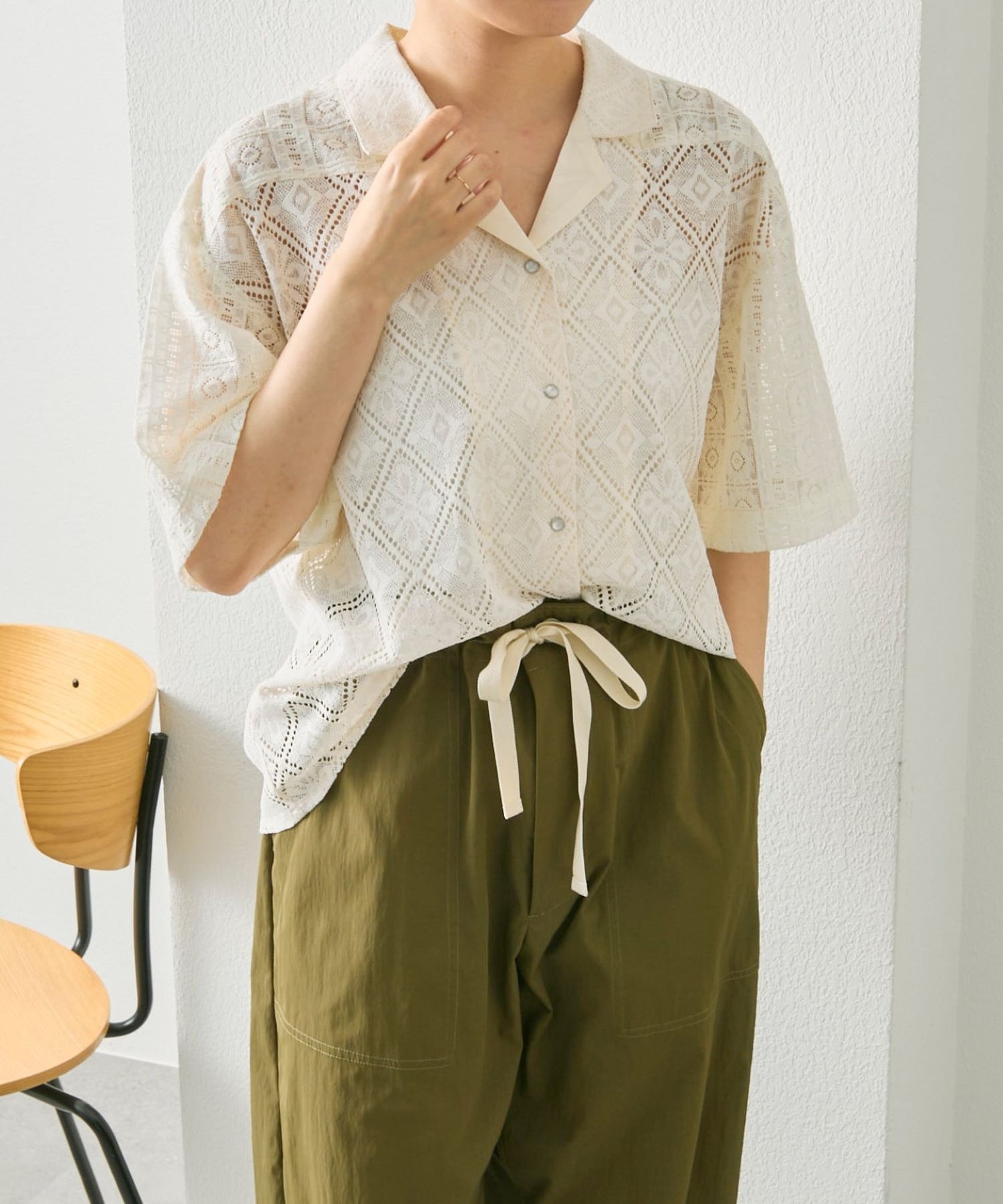 開襟レースシャツ【SUM1 STYLE】 イア パピヨネ トップス シャツ・ブラウス ホワイト ブラック
