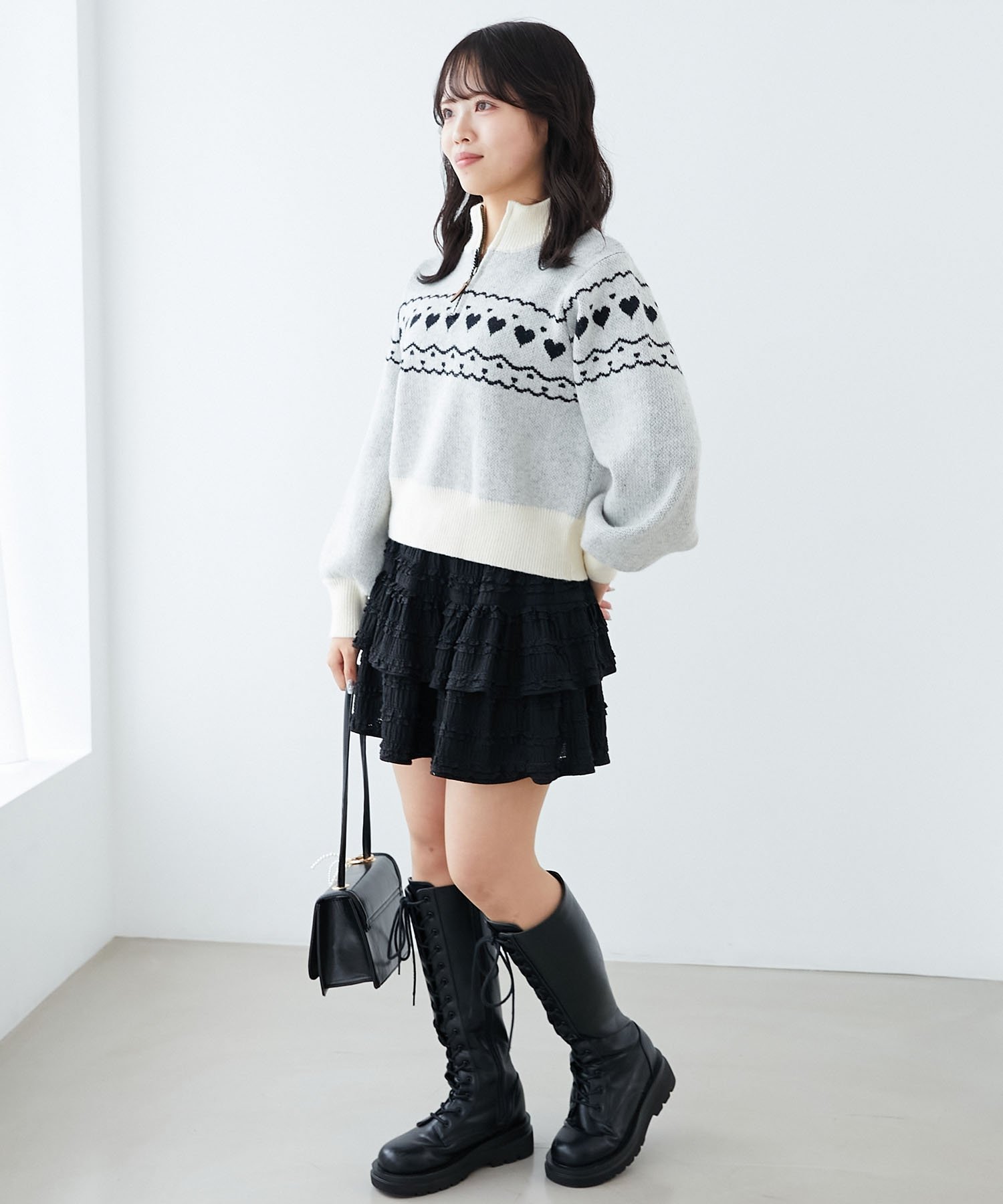 MAJESTIC LEGON ハートジャカードハーフジップニット マジェスティックレゴン トップス ニット グレー レッド ピンク ホワイト