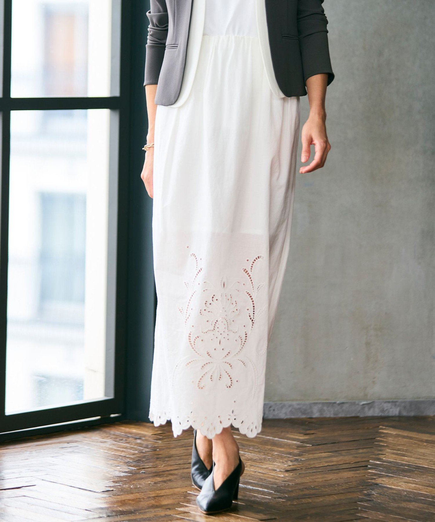 【SALE／30%OFF】BEIGE, 【洗える】GALLERIA / コットンエンブロイダリーIラインスカート ベイジ, スカート ロング・マキシスカート ブラック ホワイト【送料無料】