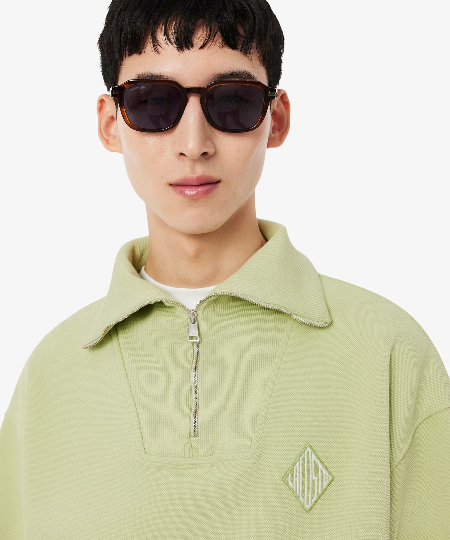 LACOSTE ルーズフィット ストレッチ鹿の子地ニット ハーフジッププルオーバー ラコステ トップス スウェット・トレーナー グリーン【送料無料】