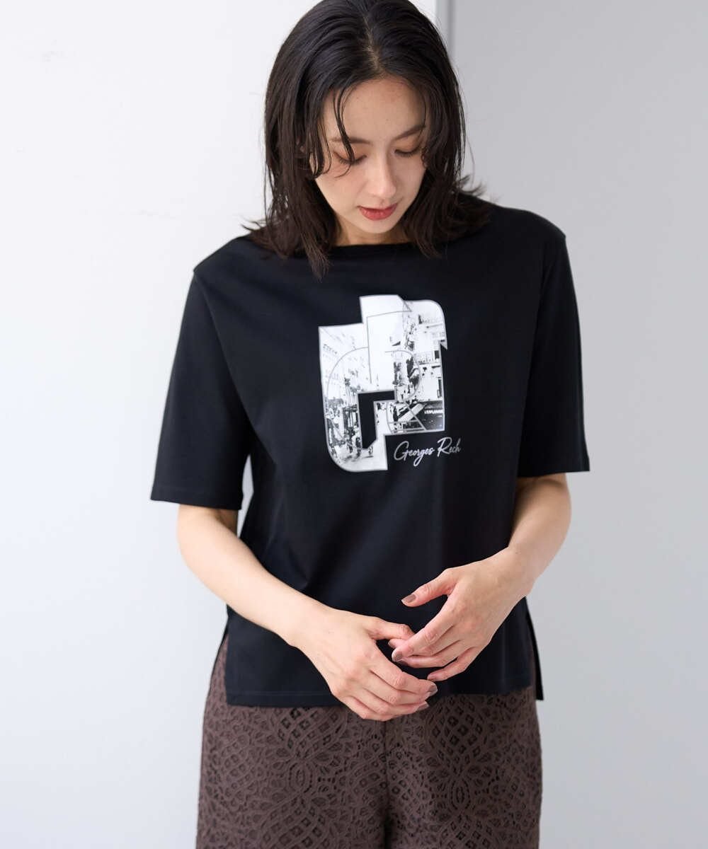 [接触冷感]グラフィックプリントカットソー ジョルジュ・レッシュ トップス カットソー・Tシャツ ホワイト ベージュ ブラック