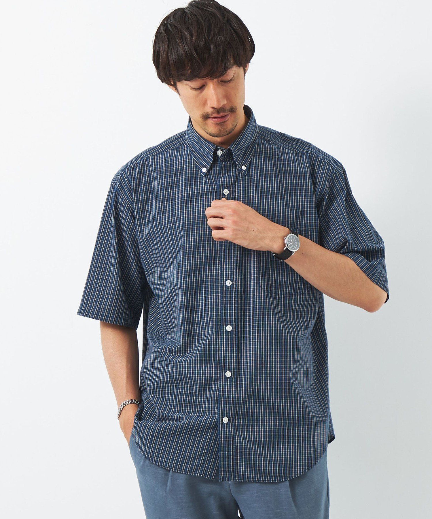 UNITED ARROWS green label relaxing FINE BASIC ボイルコットン チェック ボタンダウン シャツ ユナイテッドアローズ アウトレット トップス シャツ・ブラウス ネイビー ホワイト レッド