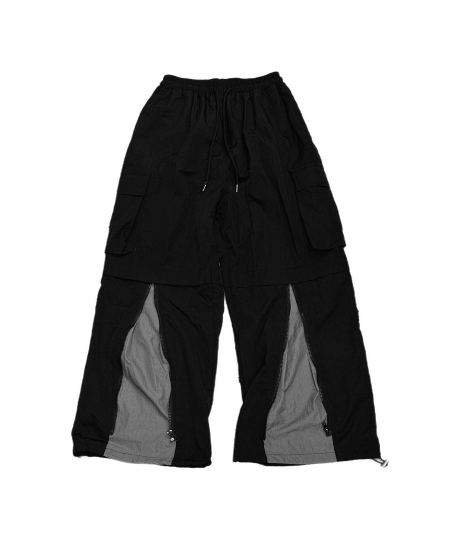 + 【Chikashitsu +】string design nylon cargo pants ワイドカーゴパンツ ナイロン ネバーマインドザエックスユー／チカシツプラス パンツ カーゴパンツ ブラック