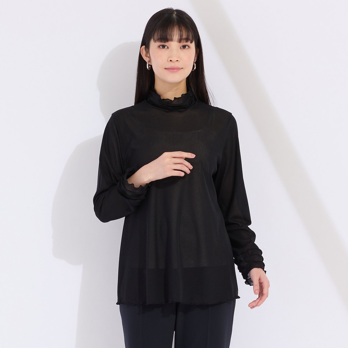 Liliane Burty ワイズメッシュ ハイネックフリルTシャツ リリアンビューティ トップス カットソー・Tシャツ ブラック グレー