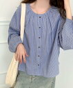 【SALE/20%OFF】BANICO 【BANICO】ギャザーラウンドネックコットンブラウス アイモハ トップス シャツ・ブラウス ブルー グレー ホワイト【送料無料】