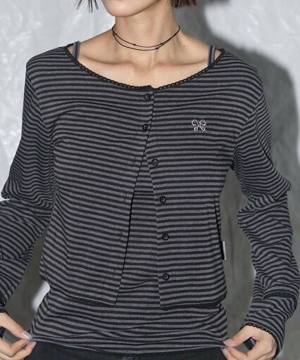 NASTY FANCY CLUB 【NASTY FANCY CLUB】LACE STRIPE BASIC CARDIGAN ネバーマインドザエックスユー/チカシツプラス トップス カーディガン ブラック【送料無料】 NASTY FANCY CLUB 【NASTY FANCY CLUB】LACE STRIPE BASIC CARDIGAN ネバーマインドザエックスユー/チカシツプラス トップス カーディガン ブラック【送料無料】
