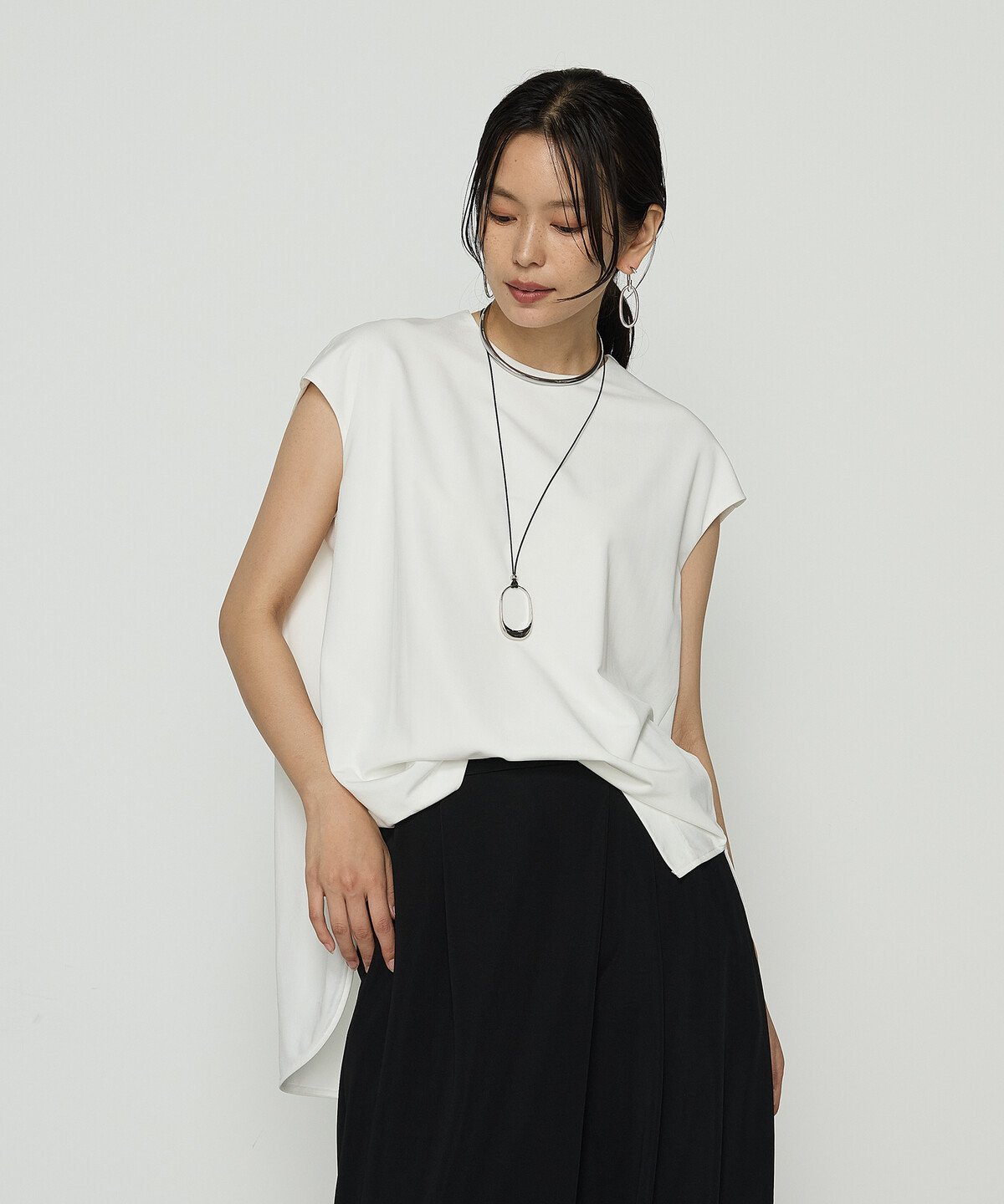 Gabardine K.T + [ +サイズ ] ハイテンションポンチライト フレンチスリーブロングプルオーバー コムサ トップス カットソー・Tシャツ ホワイト ブラック【送料無料】