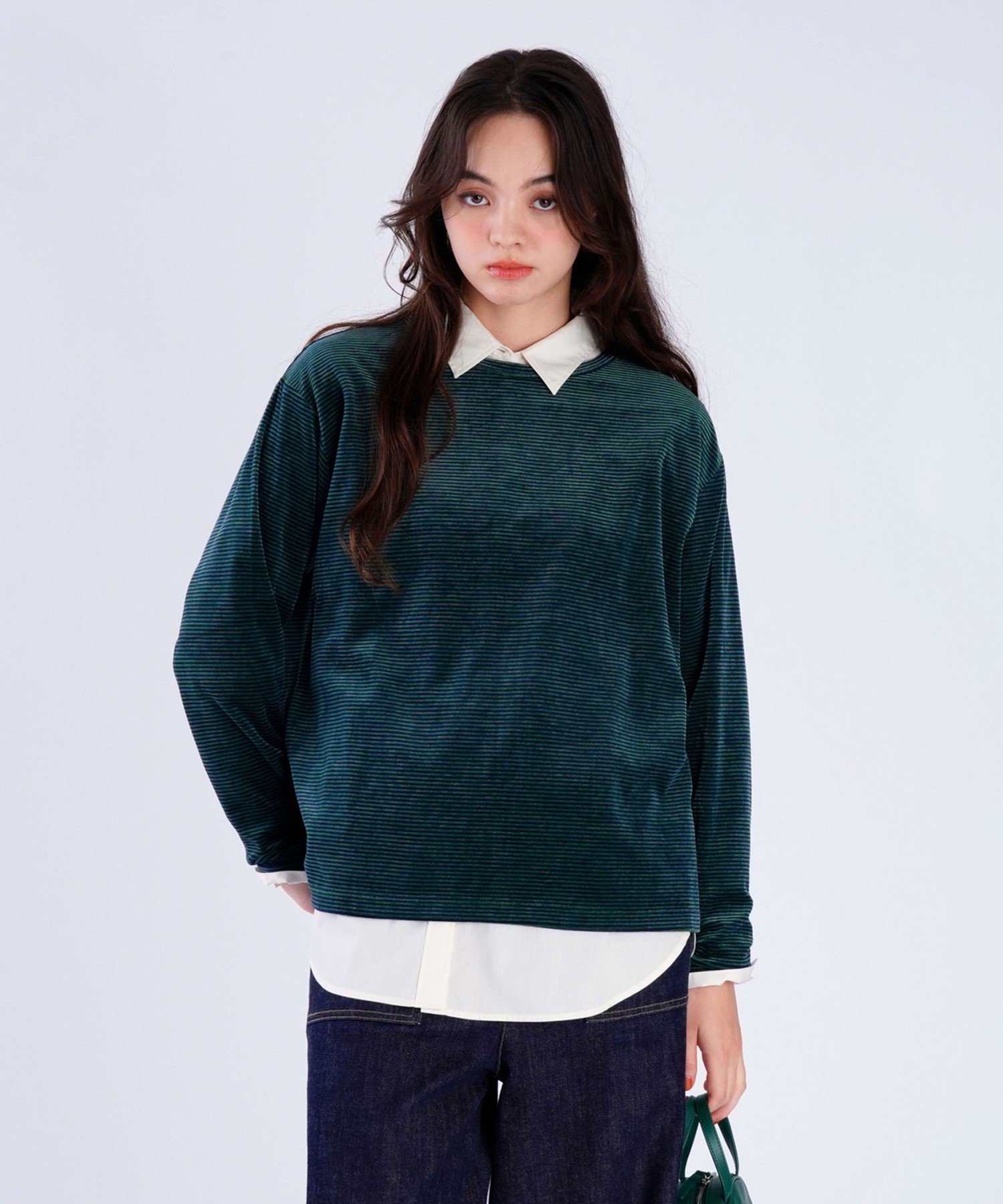 . 【Outlet】ボーダー ベロア ロングスリーブ Tシャツ アニエスベー トップス カットソー・Tシャツ グリーン