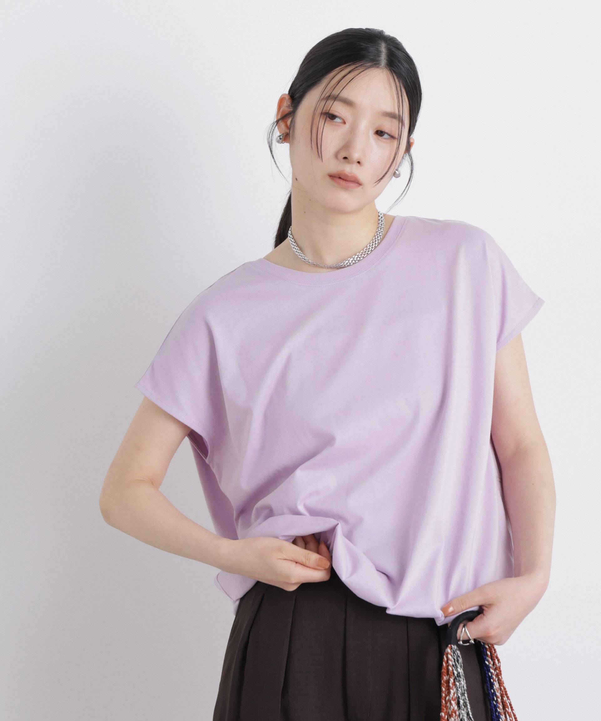 NANO universe NANOFINE ドロストヘムカットトップス ナノユニバース トップス カットソー・Tシャツ グレー パープル ホワイト