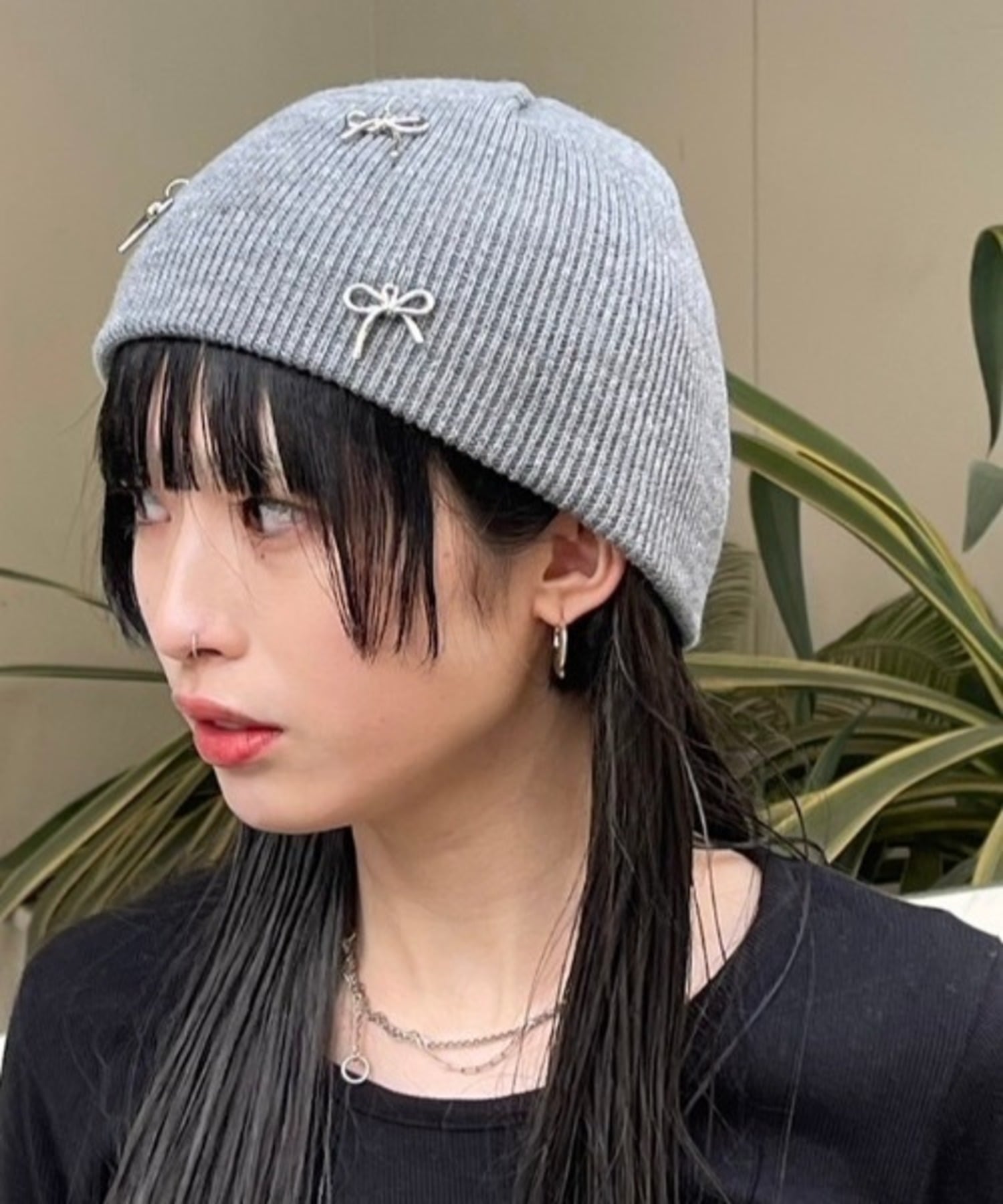 Chikashitsu + [Chikashitsu +] ribbon beanie 네버 마인드 더 엑스 유 / 치카 시트 플러스 모자 니트 모자 · 비니 그레이 블랙 화이트 [무료 배송]