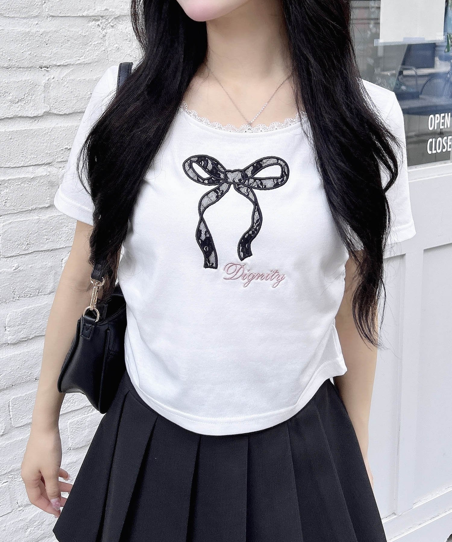 【SALE／60%OFF】INGNI レース付きリボンTシャツ イング トップス カットソー・Tシャツ ピンク グレー ..