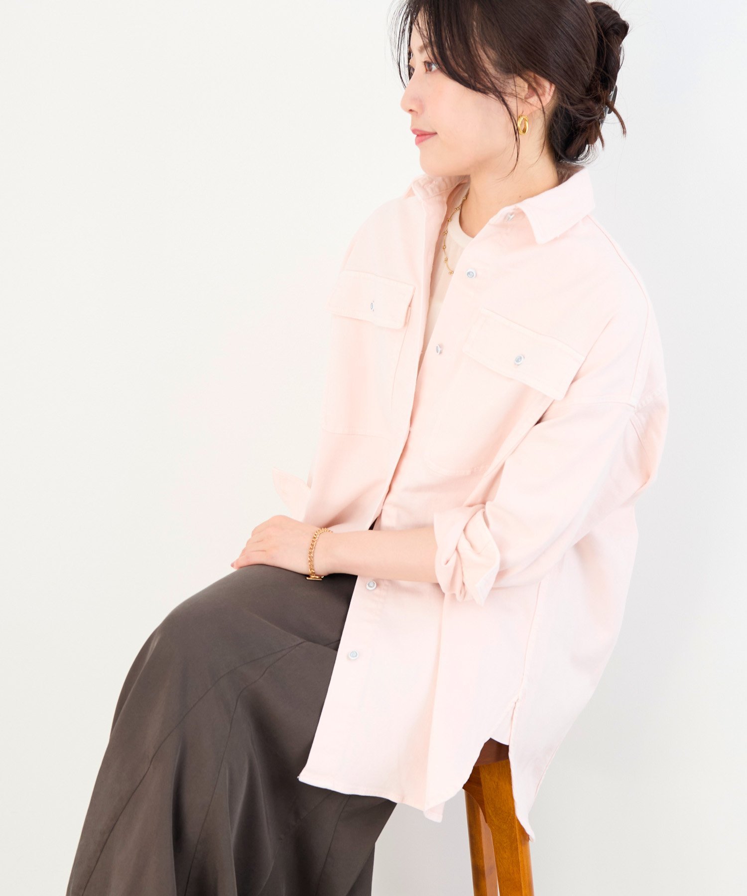 Healthy DENIM 【Healthy DENIM】デニムビッグシャツ-Almond マイカアンドディール トップス シャツ・ブラウス ベージュ ピンク