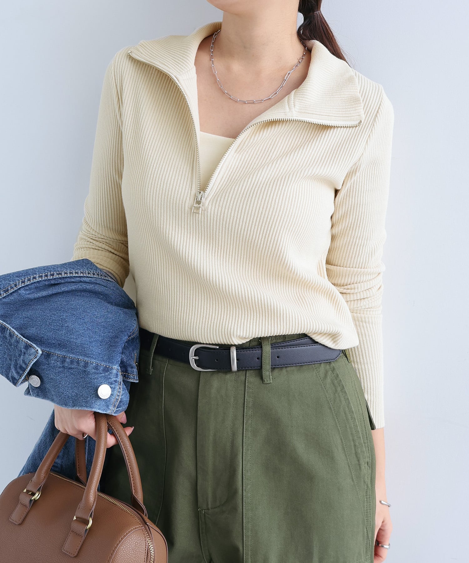 セルフカットリブ サムホール ハーフジップ 長袖 トップス アンドミー トップス カットソー・Tシャツ ブラック ベージュ グレー