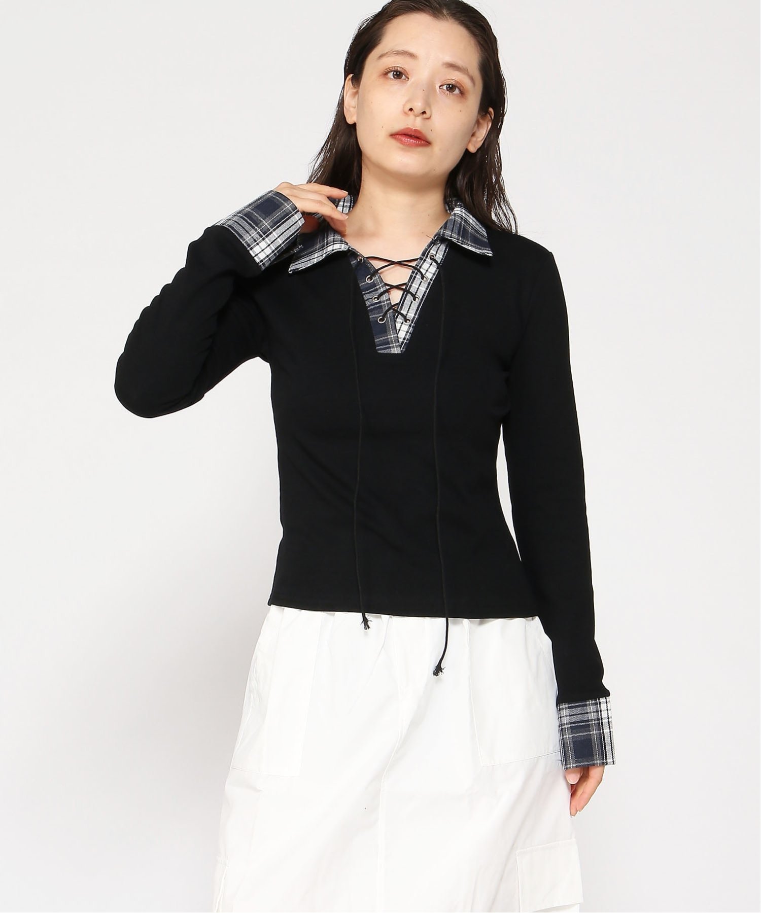 VIVID LADY VIVID LADY/(W)レース編みチェック配色シャツカットソー ビビッドレディー トップス カットソー・Tシャツ グレー ブラック ホワイト