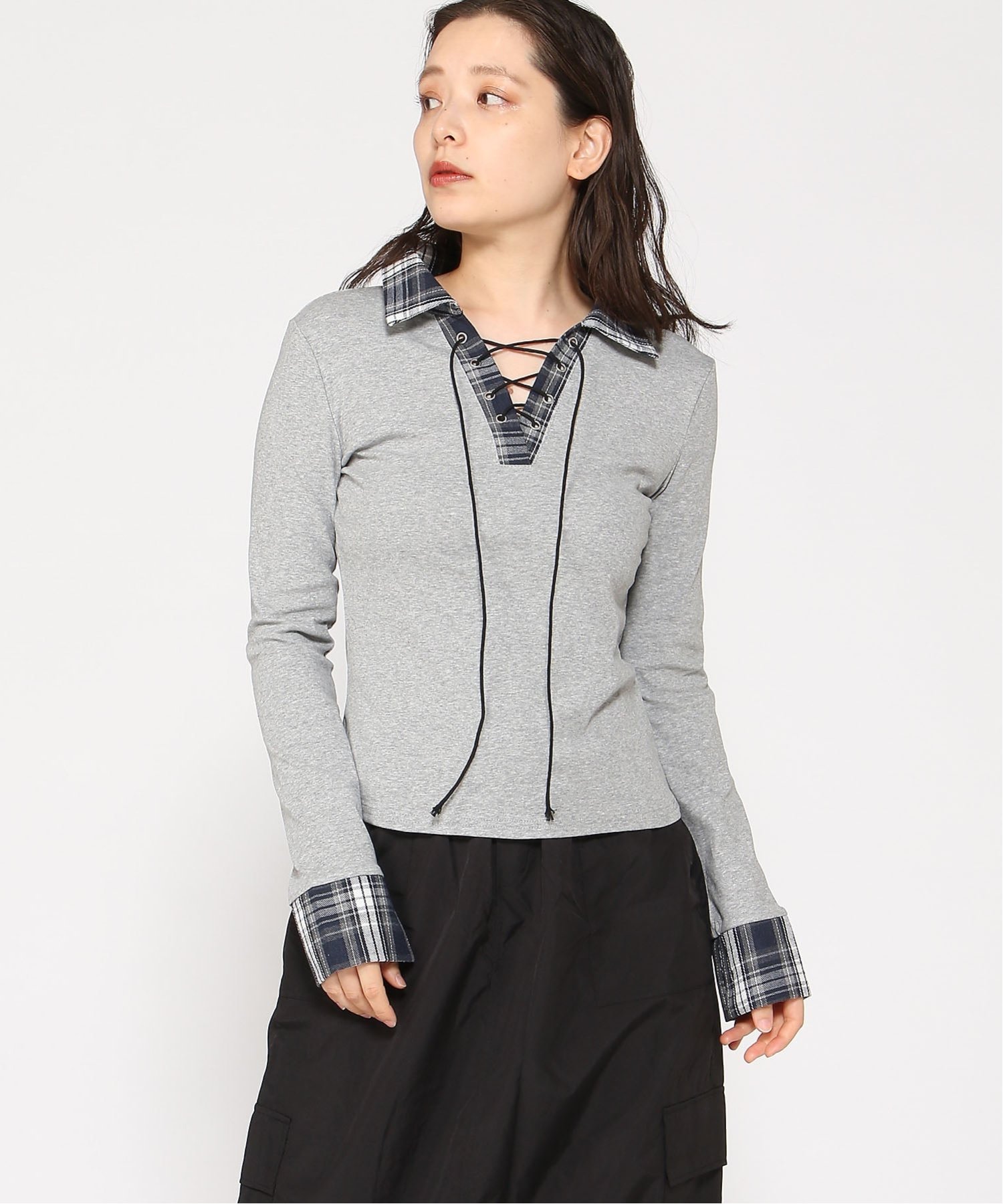 VIVID LADY VIVID LADY/(W)レース編みチェック配色シャツカットソー ビビッドレディー トップス カットソー・Tシャツ グレー ブラック ホワイト