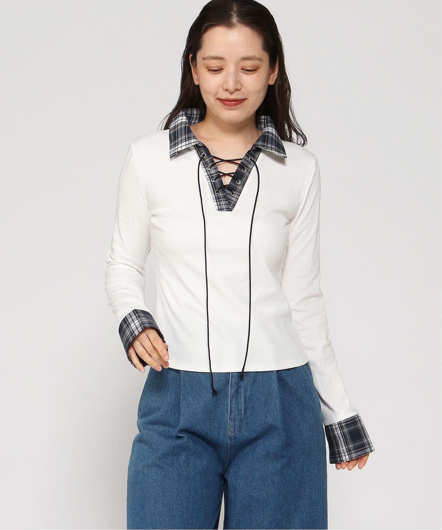 VIVID LADY VIVID LADY/(W)レース編みチェック配色シャツカットソー ビビッドレディー トップス カットソー・Tシャツ グレー ブラック ホワイト
