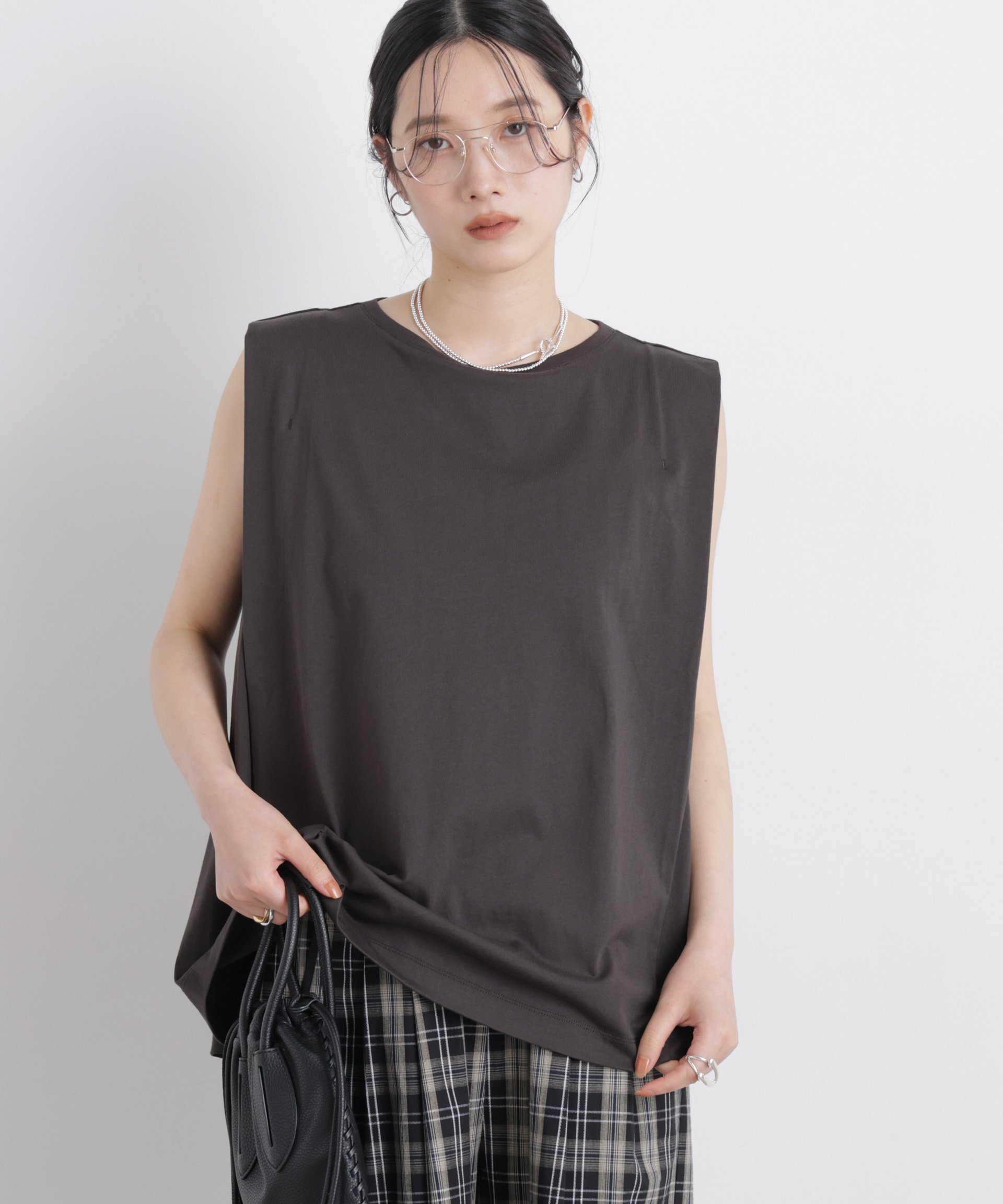 NANO universe NANOFINE ボックスフレアカットトップス ナノユニバース トップス カットソー・Tシャツ グレー パープル ホワイト