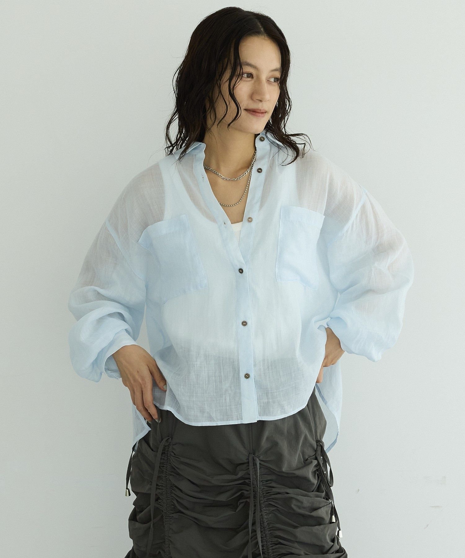 リネンポケット付きクロップドシャツ ガレージ オブ グッド クロージング トップス シャツ・ブラウス ブラック カーキグリーン ブルー