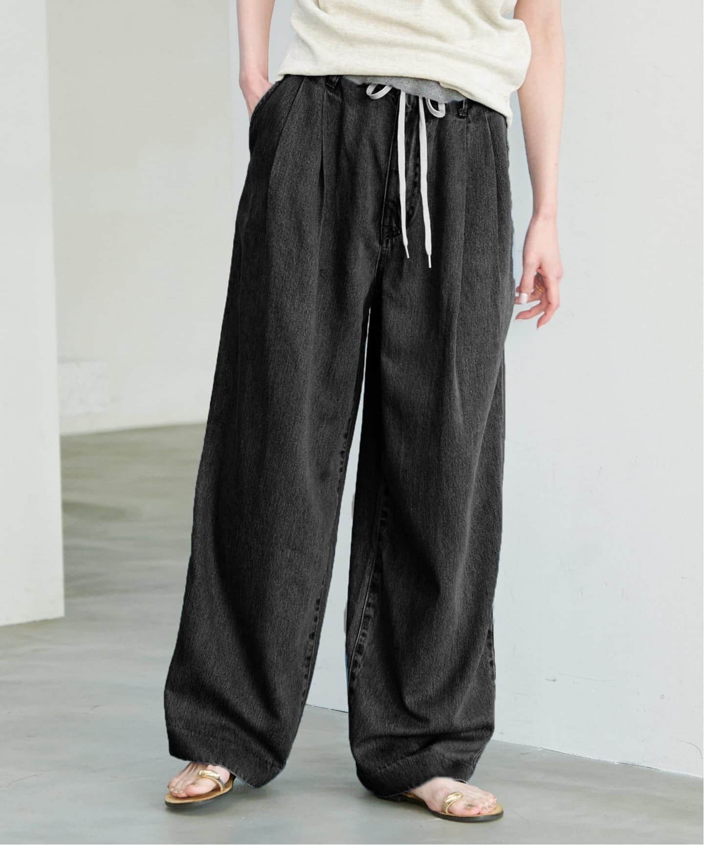 SLOBE IENA LE DENIM DRAW WAISTバギーパンツ スローブ イエナ パンツ ジーンズ・デニムパンツ ブラック【送料無料】