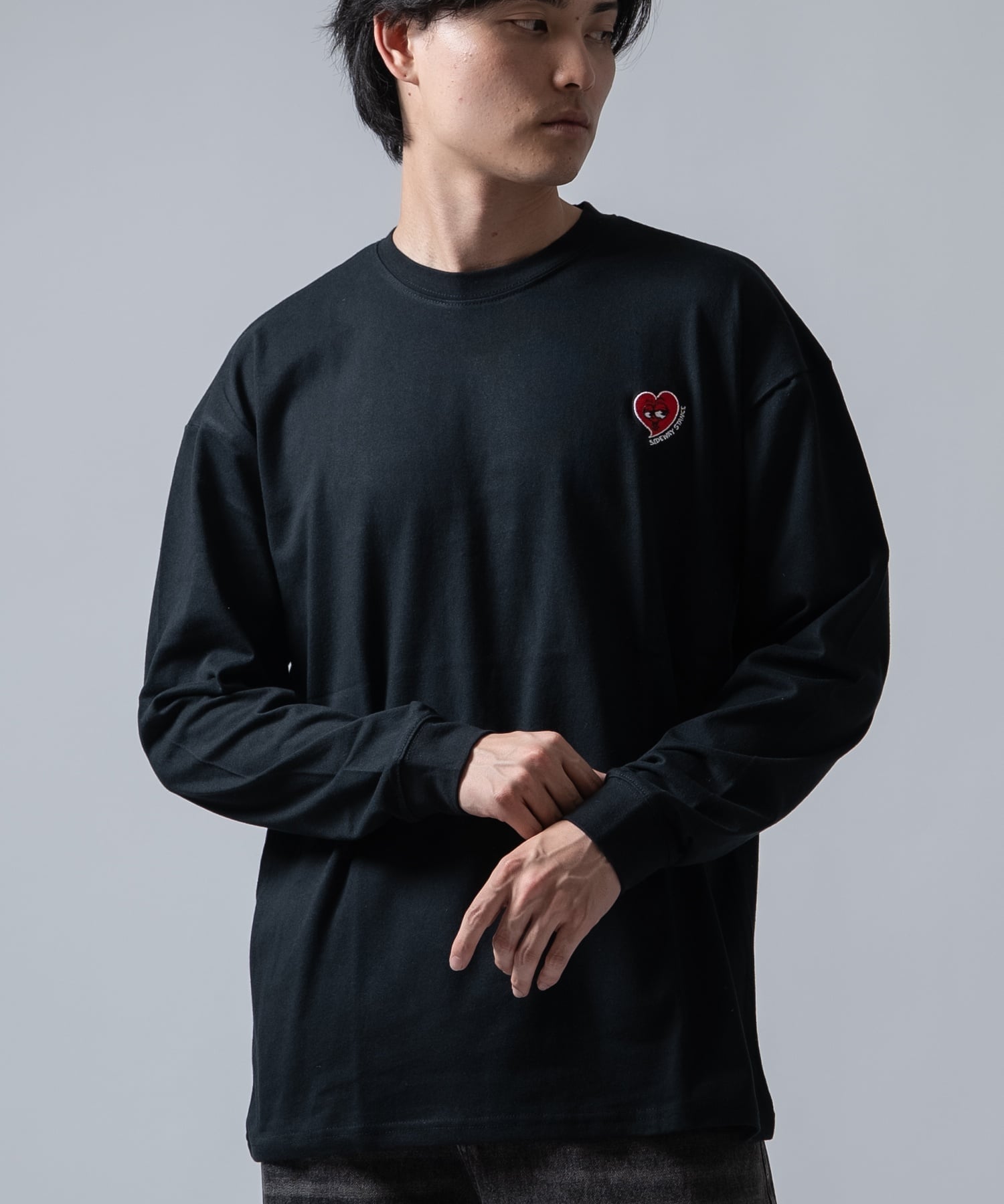 SIDEWAY STANCE SIDEWAY STANCE サイドウェイスタンス ハート ワンポイント 刺しゅう 長袖Tシャツ インプローブス トップス カットソー・Tシャツ ホワイト カーキグリーン ブラック