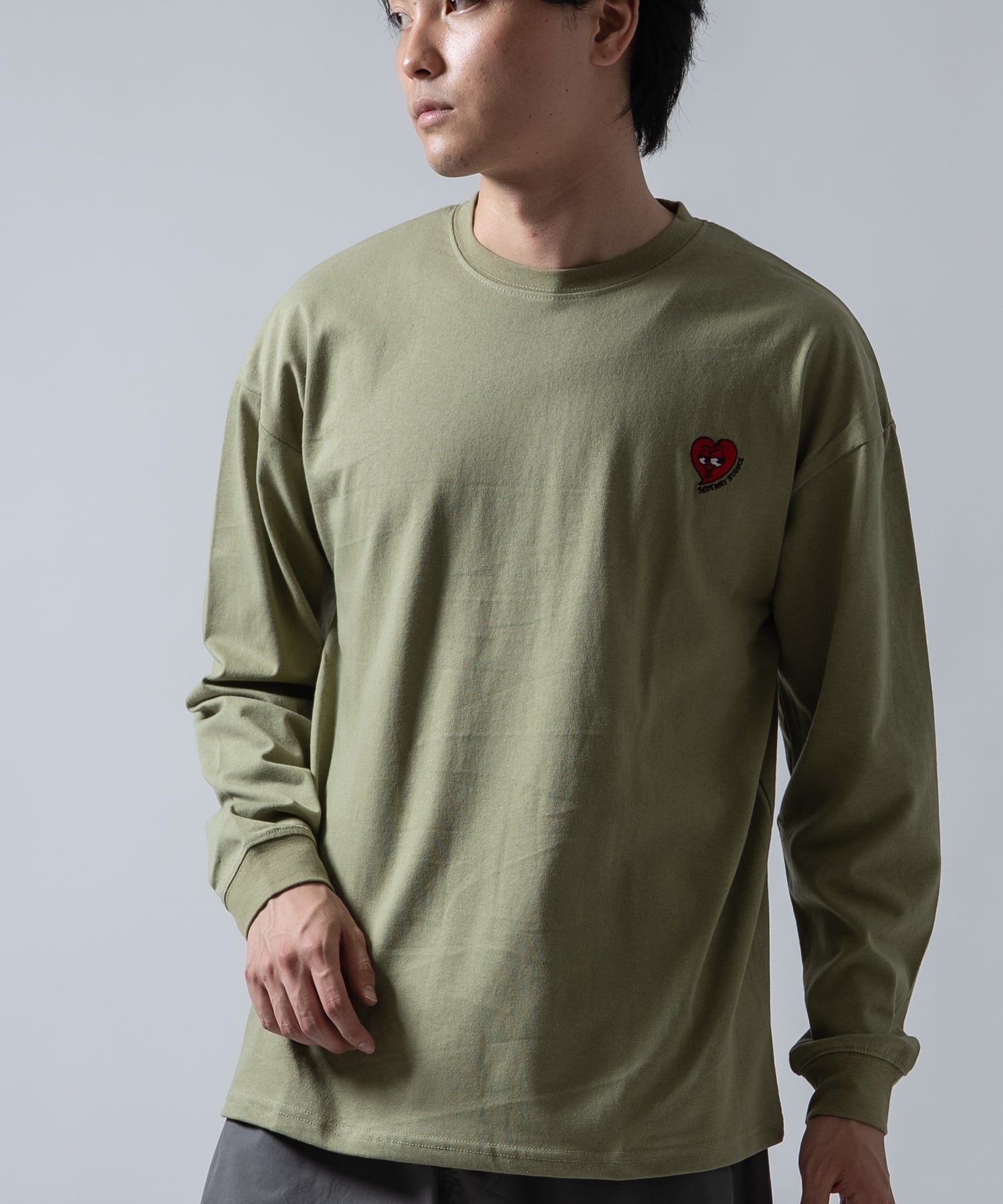 SIDEWAY STANCE SIDEWAY STANCE サイドウェイスタンス ハート ワンポイント 刺しゅう 長袖Tシャツ インプローブス トップス カットソー・Tシャツ ホワイト カーキグリーン ブラック