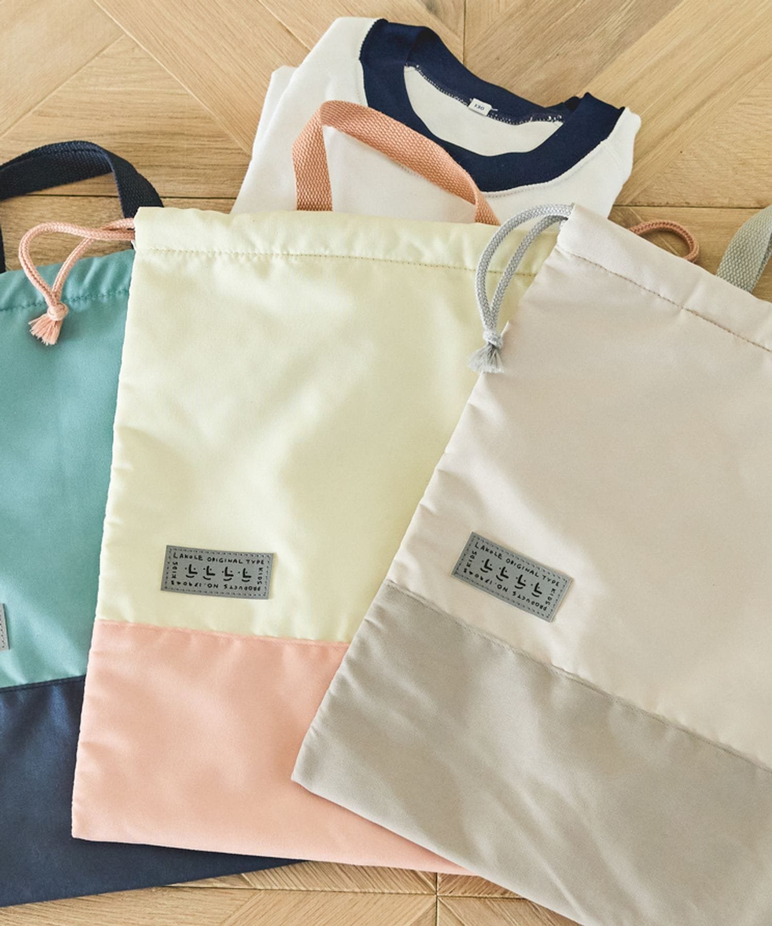 LAKOLE 【らこれキッズ】フラット巾着バッグ ラコレ バッグ トートバッグ ネイビー...
