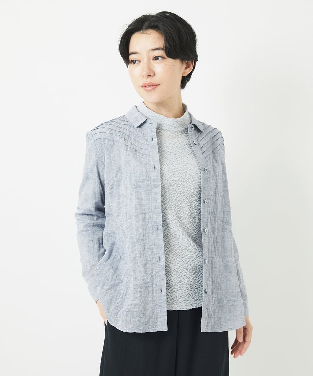 （小さいサイズ） コットンリネンドット柄ピンタックブラウス メゾンドゥサンク トップス シャツ・ブラウス ネイビー イエロー