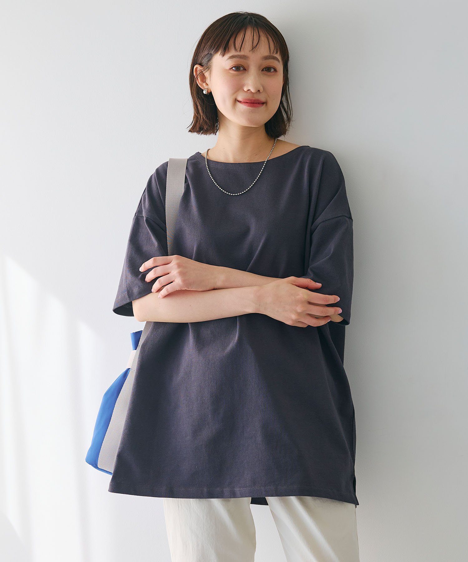 cross marche 《よれにくい》エブ楽 オーバーサイズハーフスリーブコットンTシャツ クロスマルシェ トップス カットソー・Tシャツ カーキグリーン グレー ホワイト ブラック