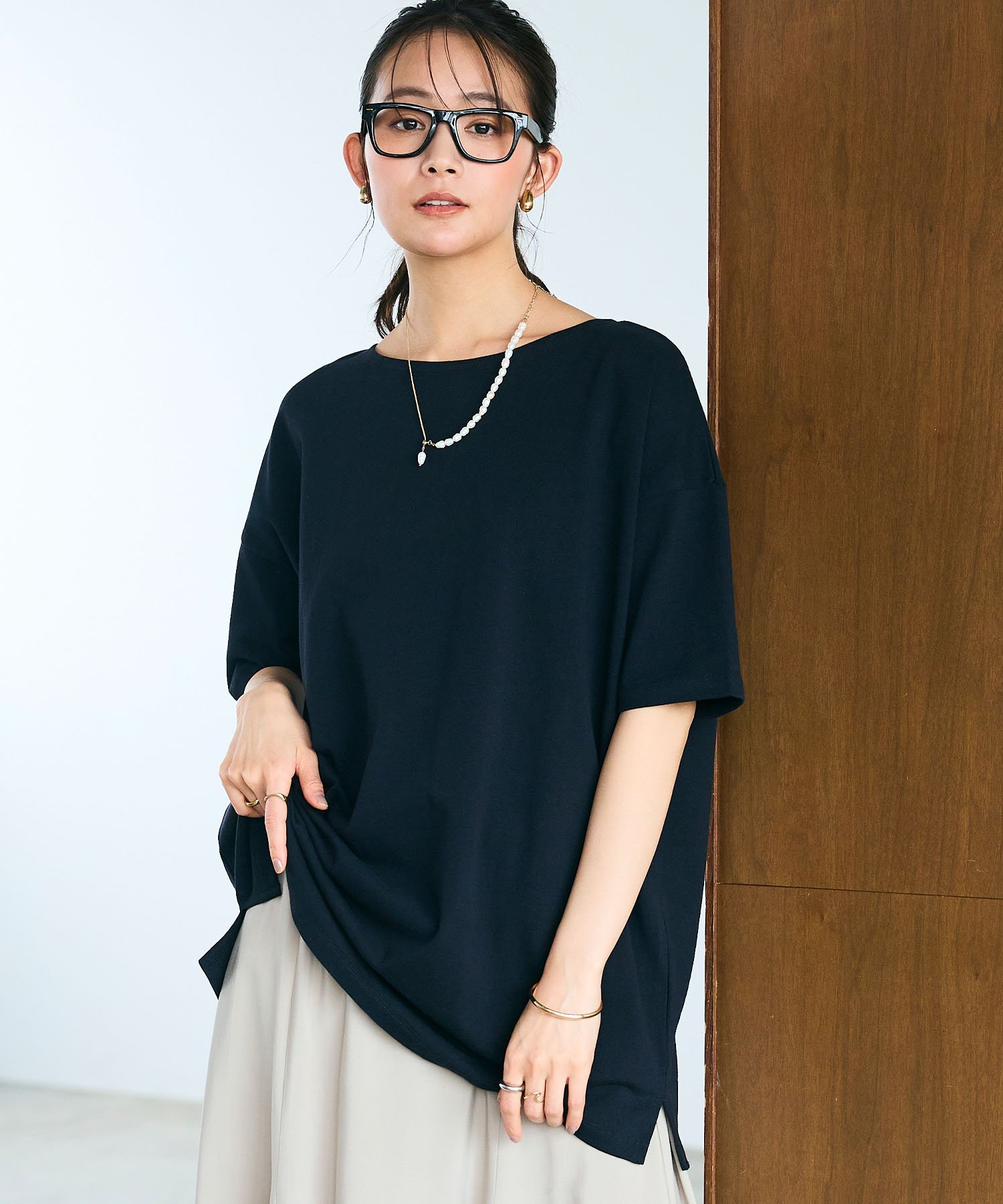 cross marche 《よれにくい》エブ楽 オーバーサイズハーフスリーブコットンTシャツ クロスマルシェ トップス カットソー・Tシャツ カーキグリーン グレー ホワイト ブラック
