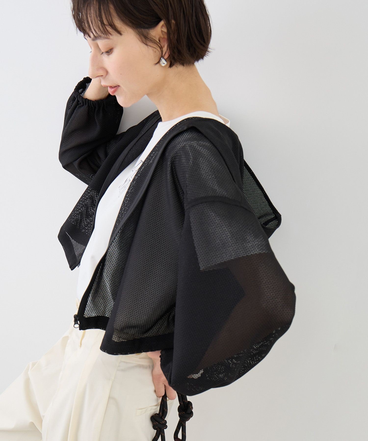 ROPE' PICNIC 絡み織フーディージップブルゾン ロペピクニック ジャケット・アウター ブルゾン・ジャンパー ブラック ホワイト【送料無料】