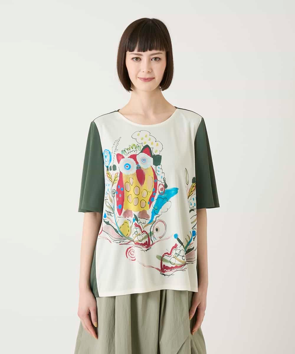 HIROKO BIS 【速乾】フクロウグラフィックカットソー ヒロコ ビス トップス カットソー・Tシャツ カーキグリーン ブラック