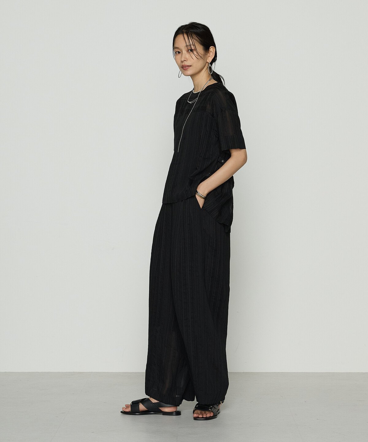 Gabardine K.T + [ +サイズ ] ジャカードボーダー タックワイドパンツ コムサ パンツ その他のパンツ ブラック【送料無料】