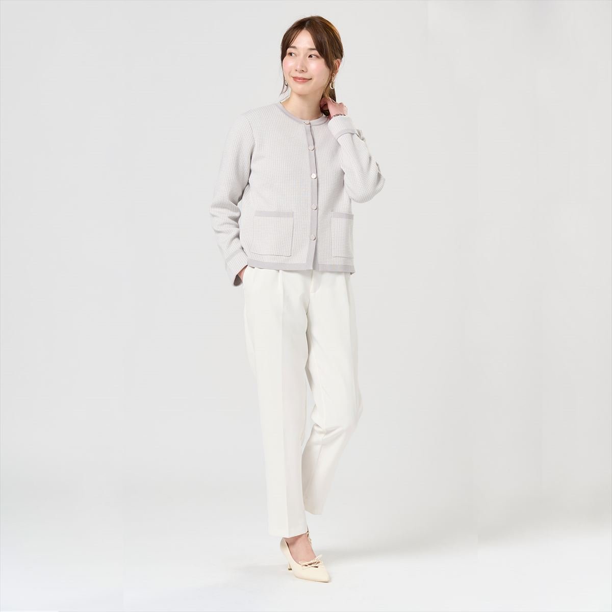 千鳥柄風ニットジャケット レディース BL13J101DE10X00-30 トーキョーシャツ ジャケット・アウター ノーカラージャケット グレー