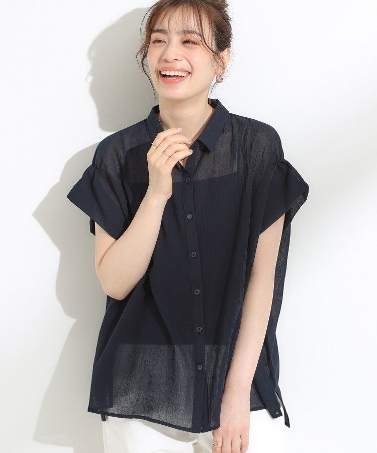 SHOO・LA・RUE 【S-LL】さらシャリコットン 上品なシアー感のデザインシャツ シューラルー トップス シャツ・ブラウス ネイビー レッド グリーン ブルー