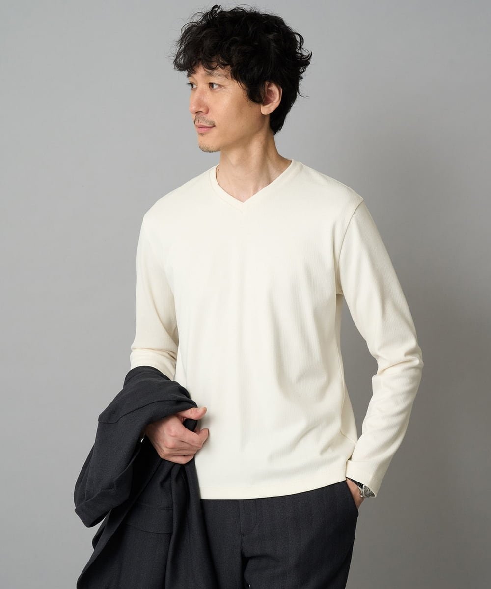 a.v.v 【イージーケア/洗濯機で洗える】アゼダブルフェイスVネックTシャツ 通勤/ビジネス/ジャケット＜ON/OFF SERIES＞ アー・ヴェ・ヴェ トップス カットソー・Tシャツ ホワイト ブラック【送料無料】