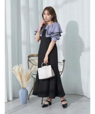 【SALE/20%OFF】earth music&ecology パイピング衿付きドッキングワンピース アースミュージック&エコロジー ワンピース・ドレス ワンピース ブラック ベージュ ブルー【送料無料】