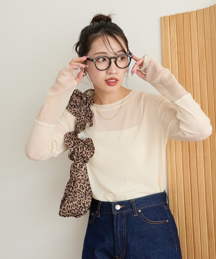 【SALE／20%OFF】FREAK'S STORE パワーメッシュ 袖口 シアー ラメ 切り替え トップス【限定展開】 24AW フリークスストア トップス カットソー・Tシャツ グレー ブラウン ネイビー ベージュ ブルー ブラック ホワイトのサムネイル