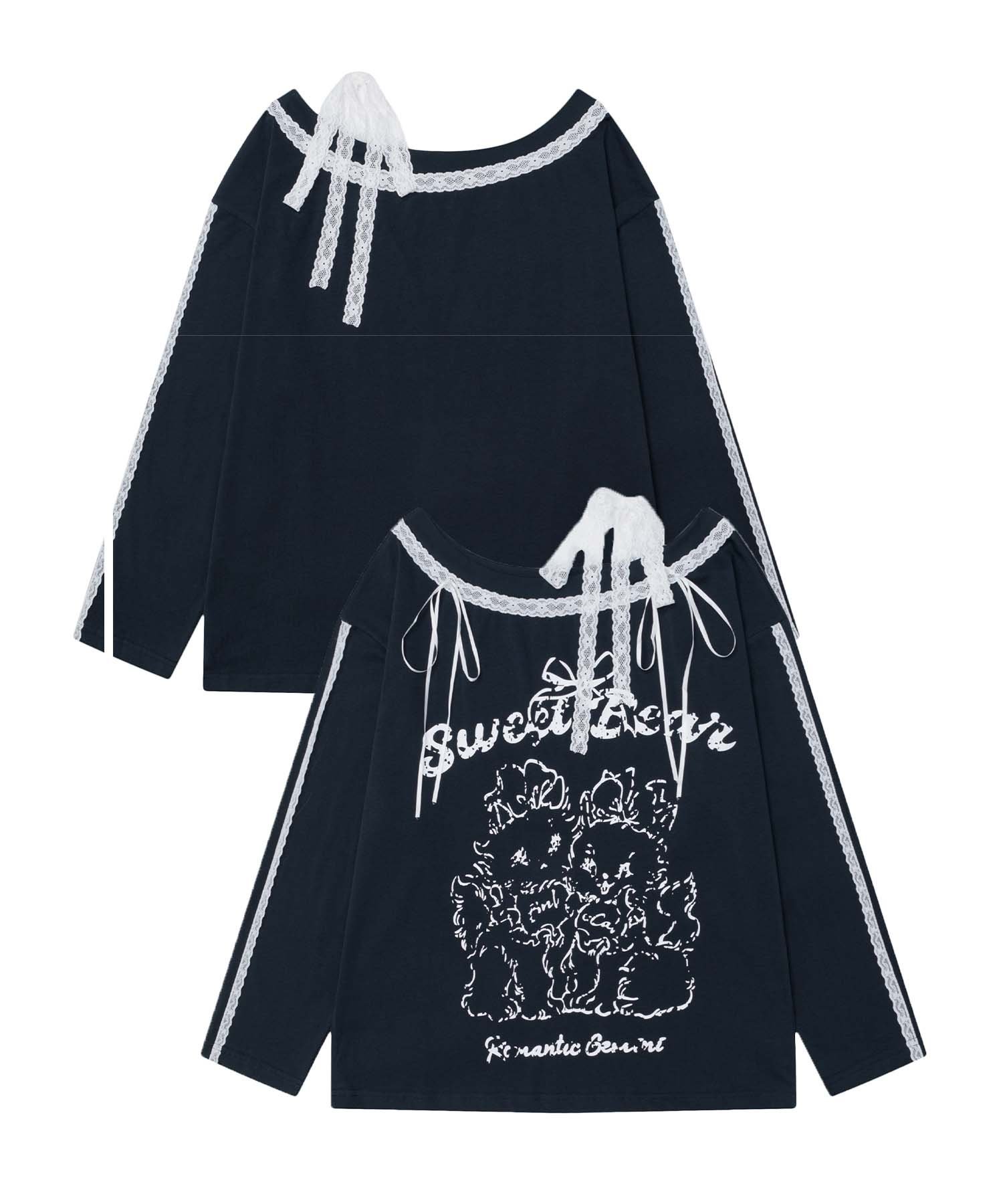 HOOK 【HOOK】for girls わんちゃんプリント レース使用カットソー アイモハ トップス カットソー・Tシャツ ネイビー グレー