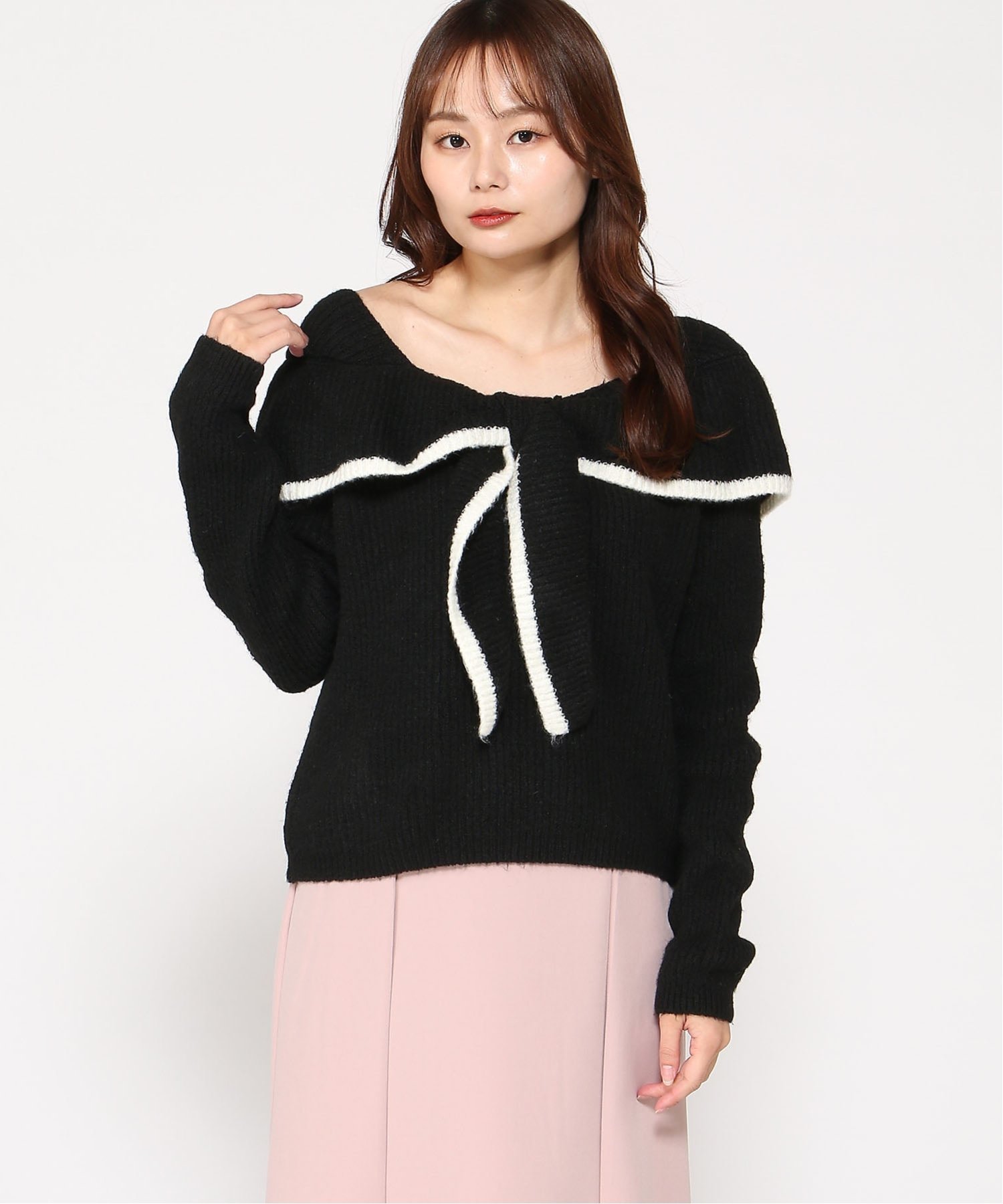VIVIDLADY VIVIDLADY/(W)配色 リボンタイ付き ラブリーニットプルオーバー ビビッドレディー トップス ニット ブラック ホワイト