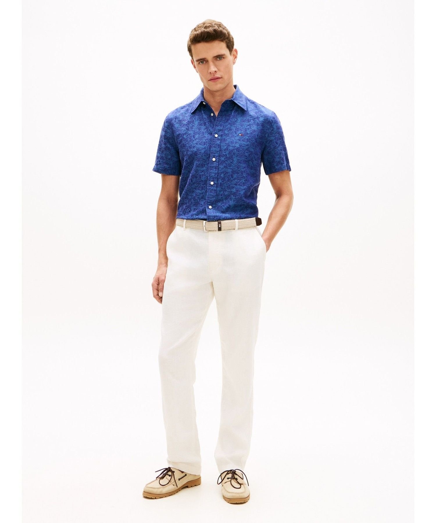 TOMMY HILFIGER リネン×テンセルジャカードショートスリーブシャツ トミーヒルフィガー トップス シャツ・ブラウス ブルー【送料無料】
