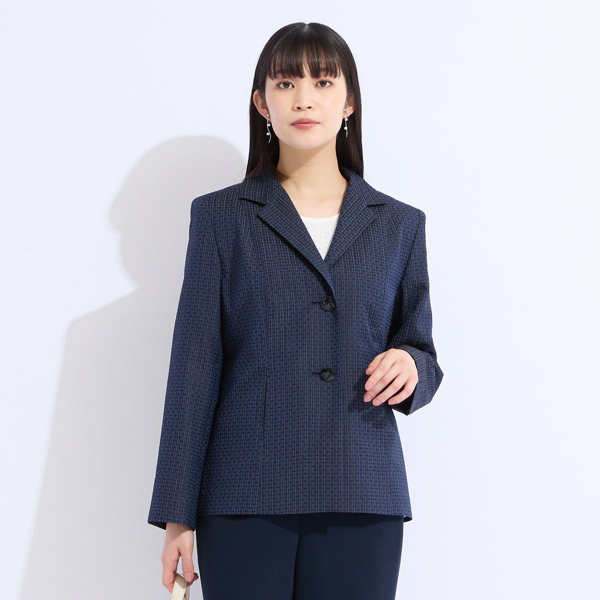 Liliane Burty 【11~17号】米沢織シルクサッカーチェックジャケット リリアンビューティ ジャケット・アウター テーラードジャケット・ブレザー ネイビー ピンク