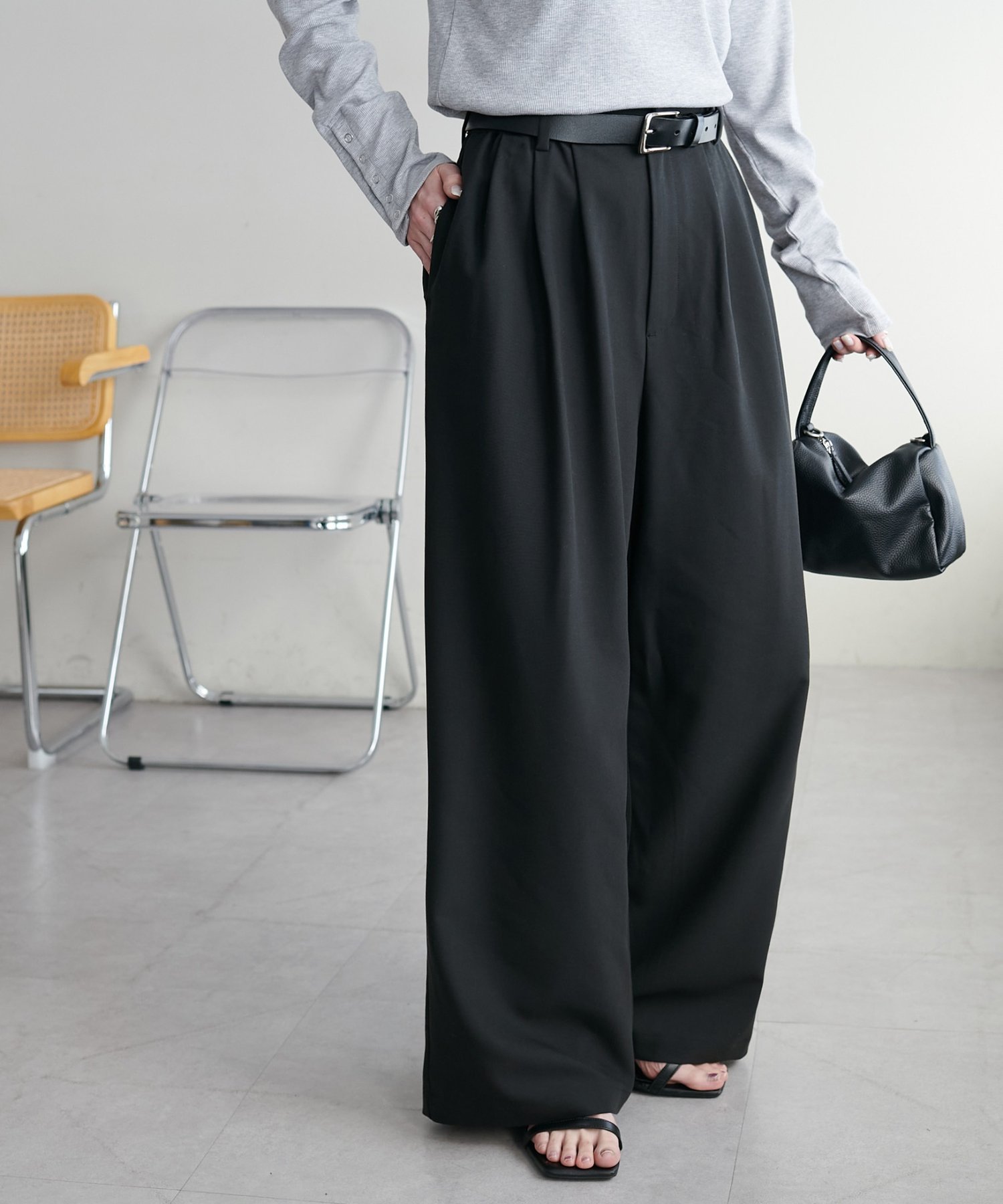 キュプラブレンド3タックワイドパンツ ディスコート パンツ その他のパンツ ブラウン ホワイト ブラック
