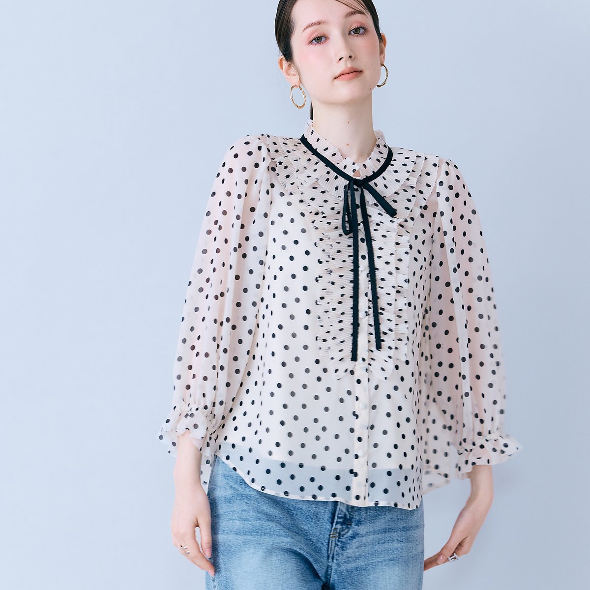 Audie a Muses シアープリーツフリルブラウス/ ドット ローズティアラ トップス シャツ・ブラウス ブラック ベージュ【送料無料】