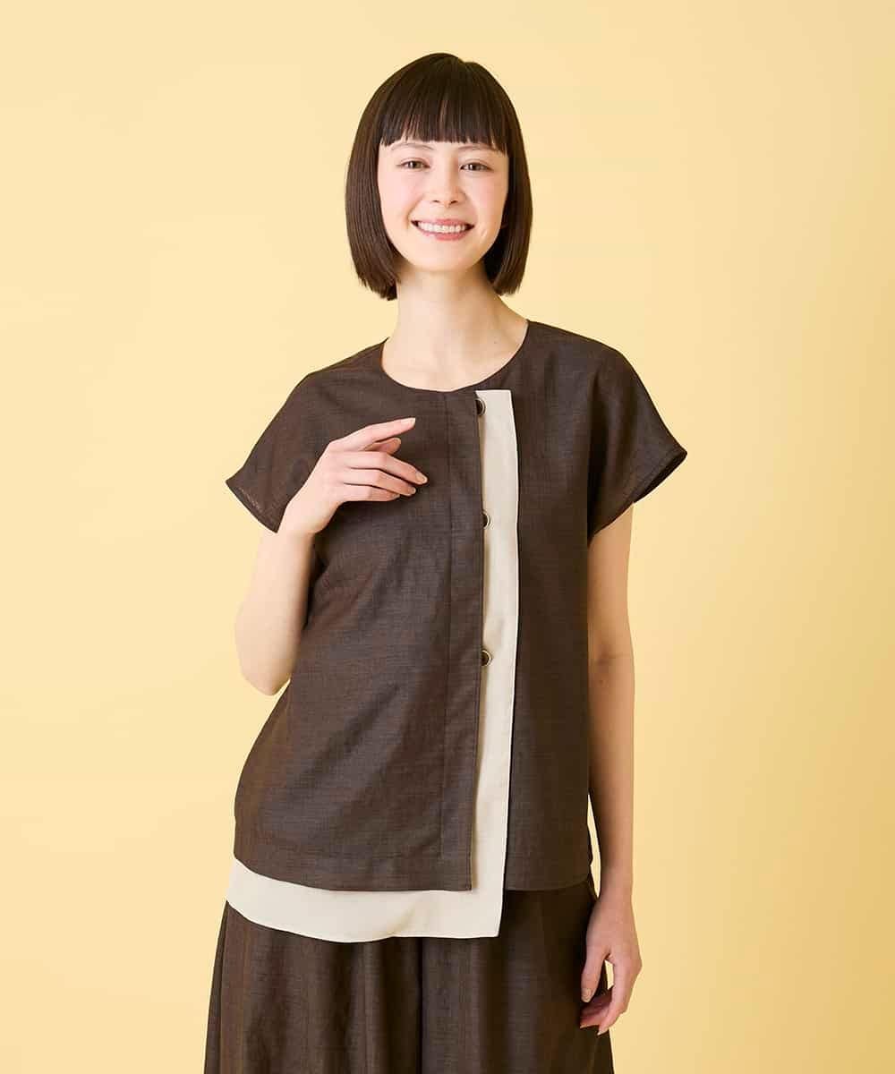 HIROKO BIS カラーブロックデザインブラウス /洗える ヒロコ ビス トップス シャツ・ブラウス ブラウン