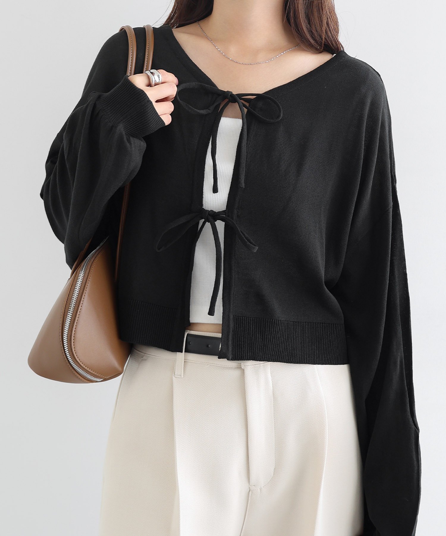 【SALE／65%OFF】andme フロントリボン 2way ニット カーディガン トップス アンドミー トップス カーディガン ブルー ホワイト ブラック ベージュのサムネイル