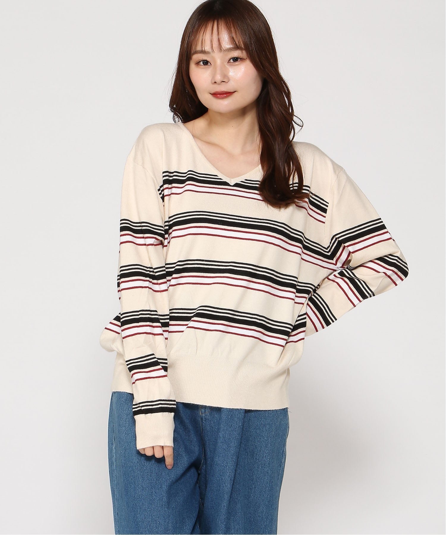 VIVIDLADY VIVIDLADY/(W)マルチボーダー Vネック ニットプルオーバー ビビッドレディー トップス ニット ブラック グレー ベージュ